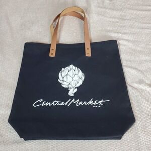 Central Market Canvas Groceries Tote Bag Black With Tan 100% Leather Handles